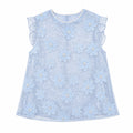 Flat lay of a light blue sleeveless top with round neckline, ruffle sleeves, floral appliqués, and sparkling sequins, crafted from 100% polyester.