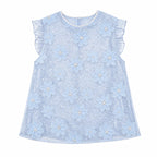 Flat lay of a light blue sleeveless top with round neckline, ruffle sleeves, floral appliqués, and sparkling sequins, crafted from 100% polyester.