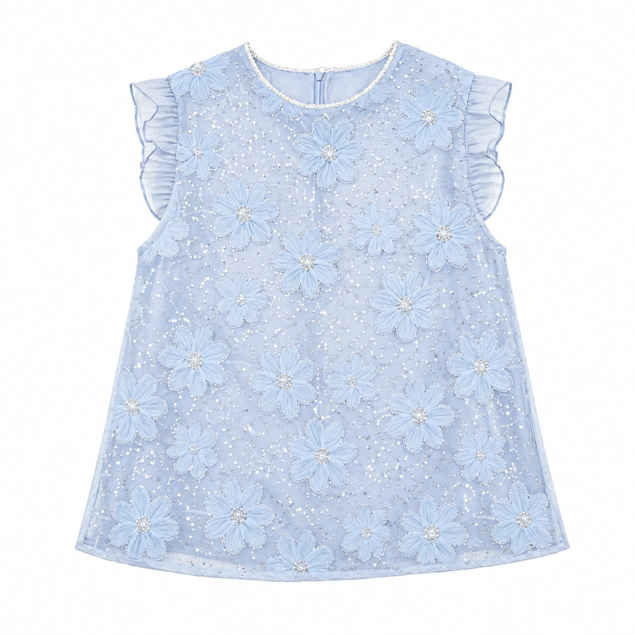 Flat lay of a light blue sleeveless top with round neckline, ruffle sleeves, floral appliqués, and sparkling sequins, crafted from 100% polyester.