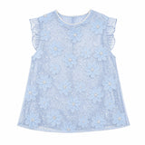 Flat lay of a light blue sleeveless top with round neckline, ruffle sleeves, floral appliqués, and sparkling sequins, crafted from 100% polyester.