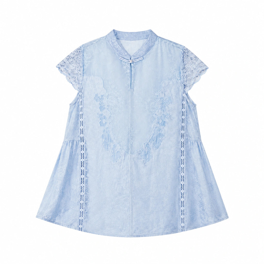 Flat lay of a blue lace-trimmed Cheongsam top with a mandarin collar, delicate floral embroidery, and short lace sleeves, crafted from 80% Viscose, 20% Polyamide.