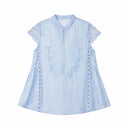 Flat lay of a blue lace-trimmed Cheongsam top with a mandarin collar, delicate floral embroidery, and short lace sleeves, crafted from 80% Viscose, 20% Polyamide.