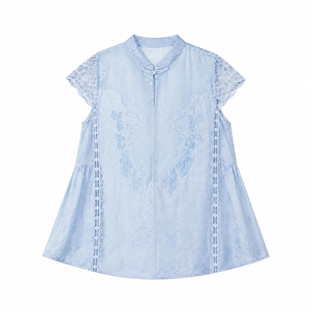 Flat lay of a blue lace-trimmed Cheongsam top with a mandarin collar, delicate floral embroidery, and short lace sleeves, crafted from 80% Viscose, 20% Polyamide.