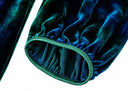 Close-up of the blue dress’s gathered balloon-sleeve cuff