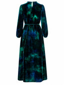 Back product view of the blue midi dress and waist tie