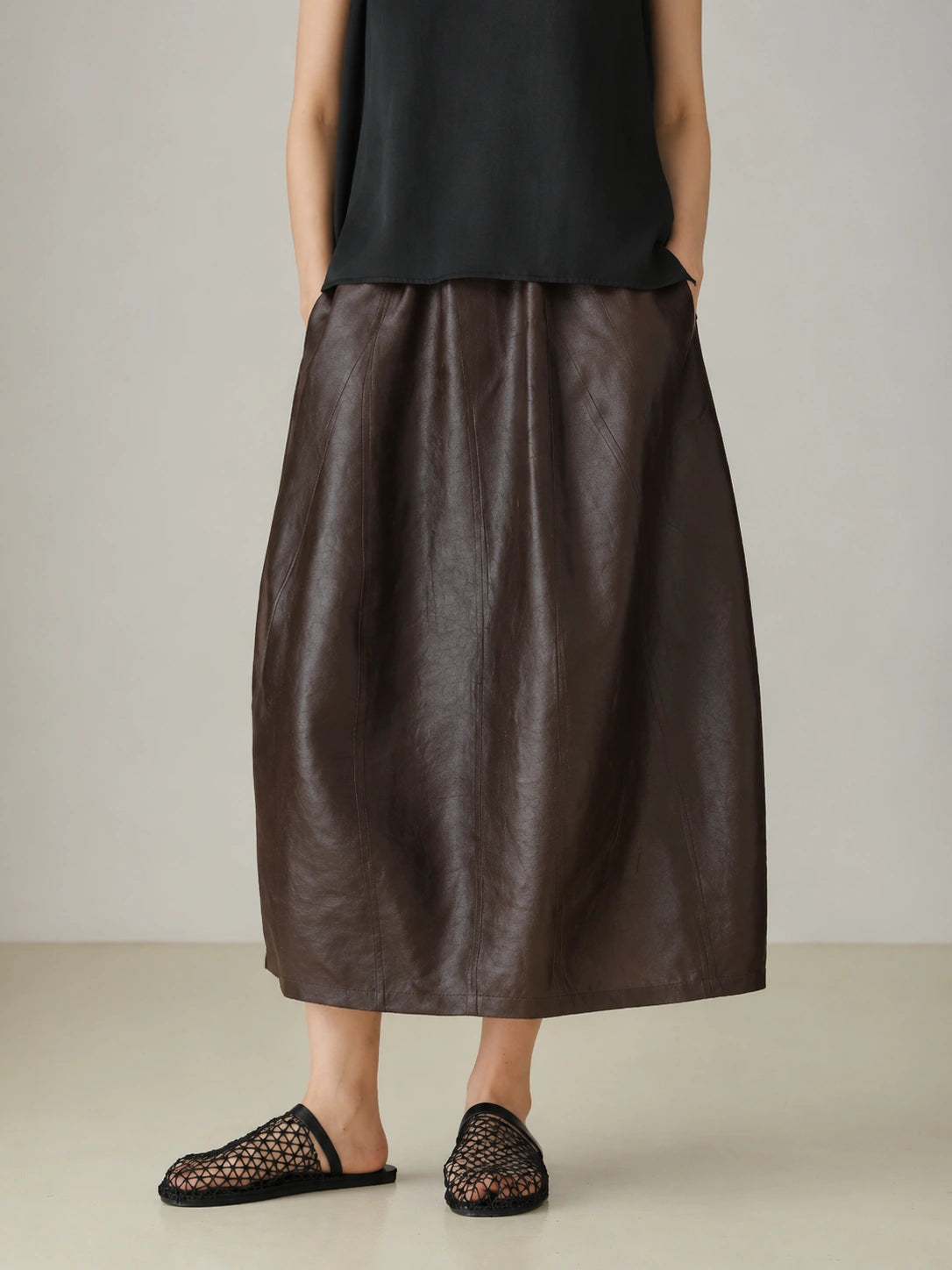 Front view of red Xiangyunsha mulberry silk skirt with relaxed elegant shape