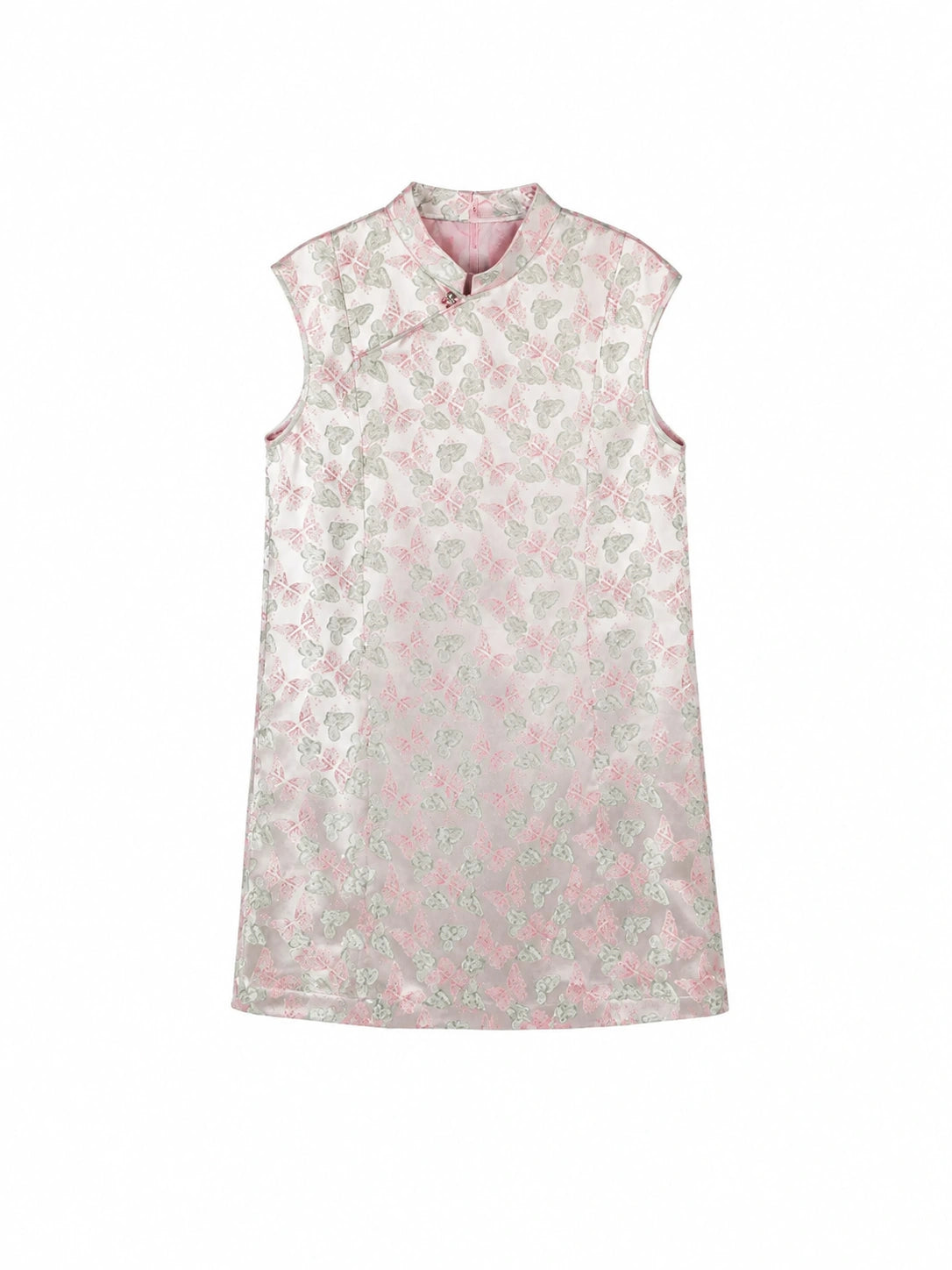 Flat lay of a sleeveless butterfly print new Chinese dress with a stand collar
