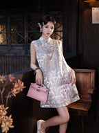 Model wearing a butterfly print new Chinese dress with a stand collar and relaxed H-line silhouette
