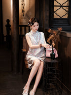 Model wearing a pastel butterfly print sleeveless dress in a traditional-inspired interior