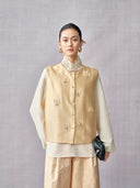 Front view of the champagne beige wool-silk vest with embroidered butterfly motifs