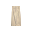 Front view of the matching champagne beige high-waisted linen maxi skirt
