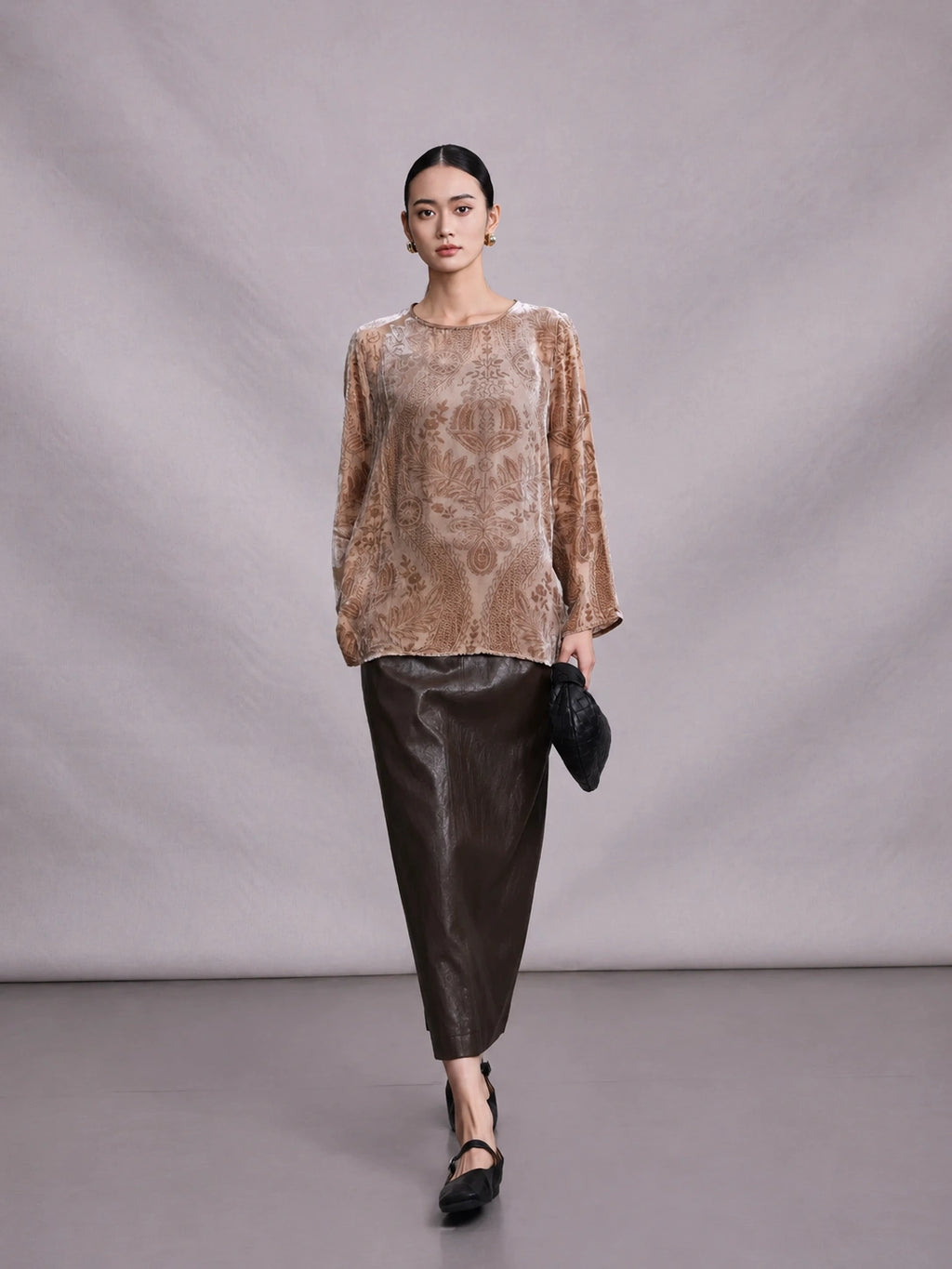 Full-length view of champagne mulberry silk burnout blouse for women.