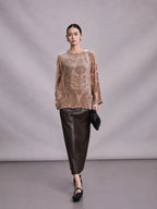 Full-length view of champagne mulberry silk burnout blouse for women.