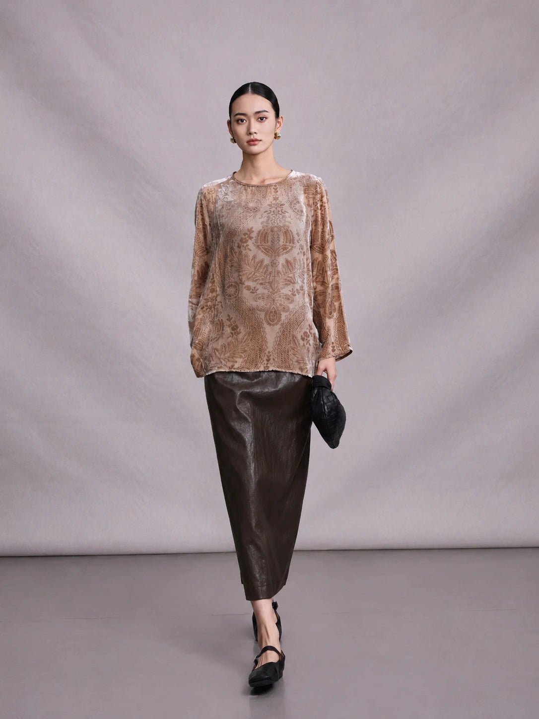 Full-length view of champagne mulberry silk burnout blouse for women.