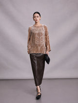 Full-length view of champagne mulberry silk burnout blouse for women.
