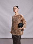 Champagne beige 100% mulberry silk burnout blouse with floral velvet texture.