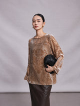 Champagne beige 100% mulberry silk burnout blouse with floral velvet texture.