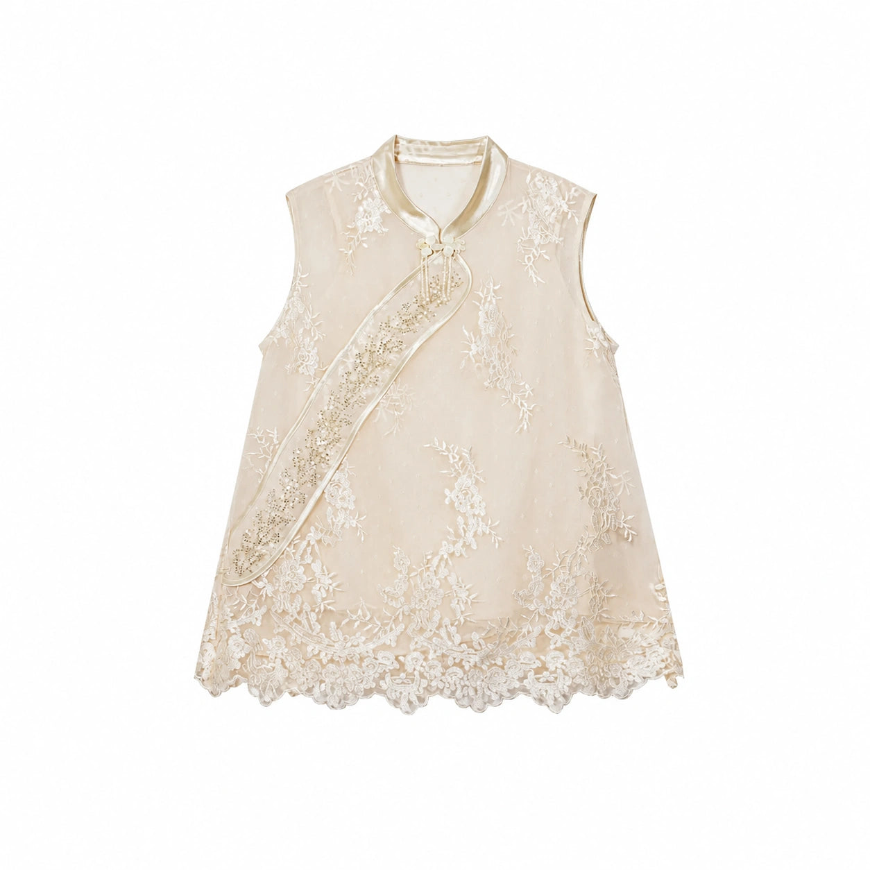 Flat lay of a champagne gold sleeveless vest with bead embroidery, scalloped lace hem, and traditional side button closures.