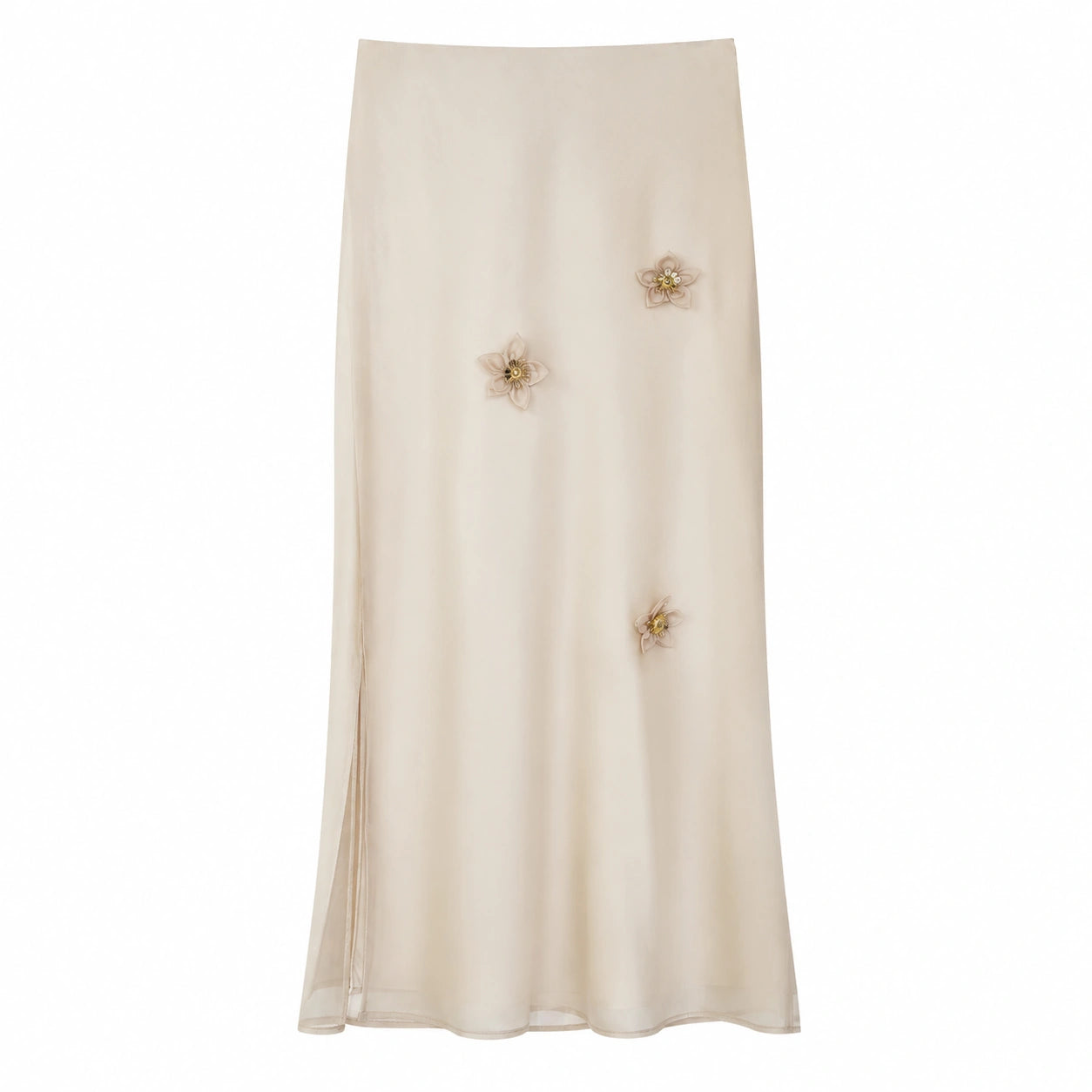 Flat lay of a champagne midi skirt with 3D floral appliqués and a side slit, crafted from 84% Tencel and 16% Polyester.
