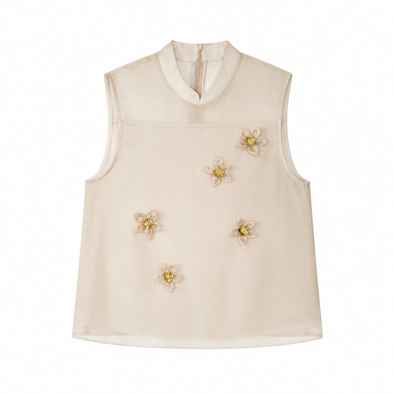 Flat lay of a champagne sleeveless Cheongsam top with a sheer yoke, back zipper, and scattered 3D floral appliqués, 90% Lyocell, 10% Polyester.