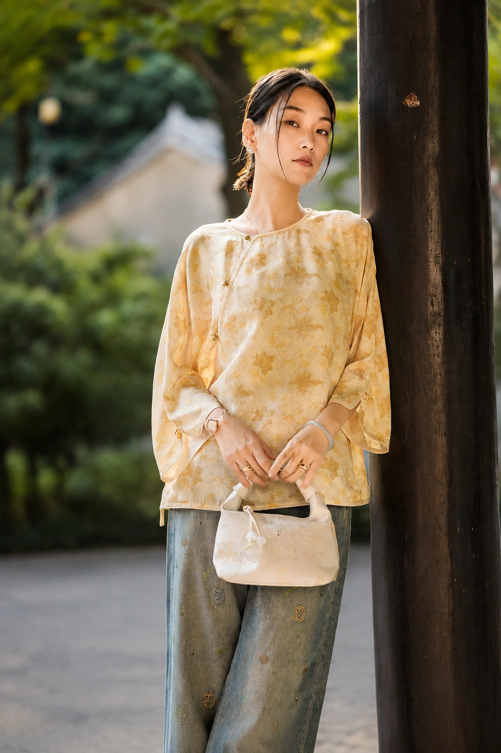 Champagne Gold Floral Jacquard Mulberry Silk Blouse