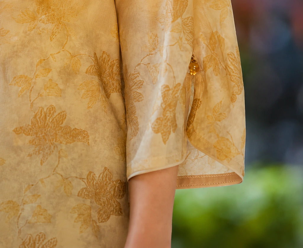 Champagne Gold Floral Jacquard Mulberry Silk Blouse