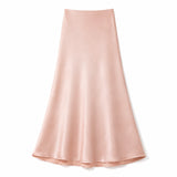 Flat lay of a champagne satin maxi skirt with a high waist and A-line silhouette, crafted from 100% polyester.