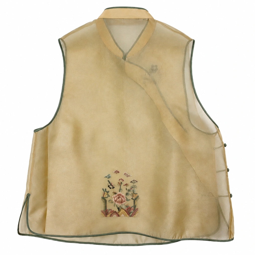 Back product view of the champagne yellow layered silk vest with green piping and floral embroidery