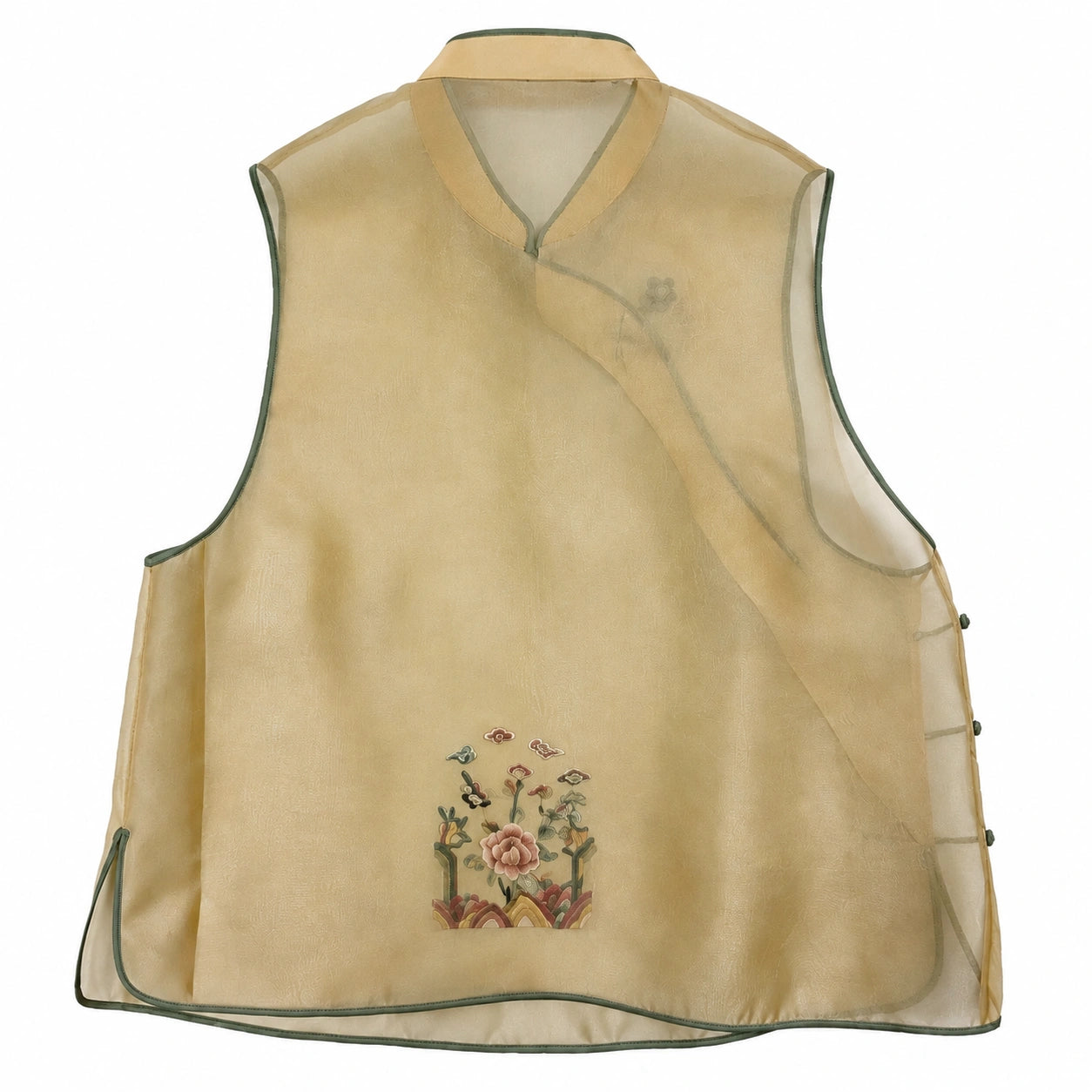 Back product view of the champagne yellow layered silk vest with green piping and floral embroidery