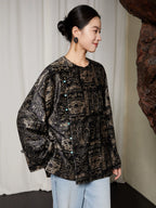 Side view of charcoal black Chinese inspired blouse