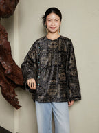 Relaxed fit charcoal black jacquard blouse for women