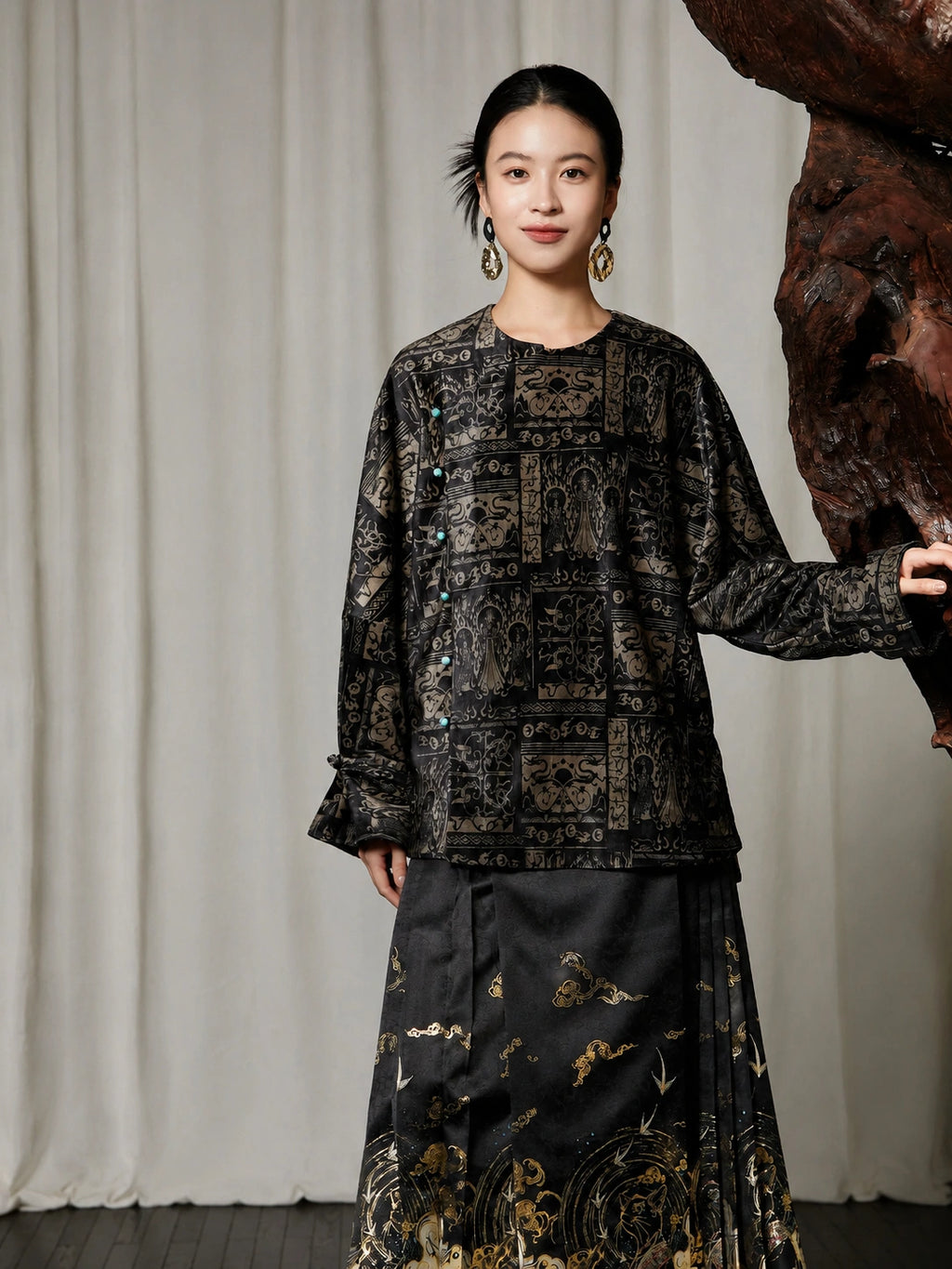 Women's charcoal black jacquard Chinese style blouse front view