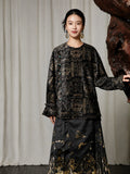 Women's charcoal black jacquard Chinese style blouse front view