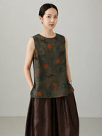 Women's Chinese-inspired Xiangyunsha silk tank top with minimalist cut, elephant motif pattern and elegant oriental aesthetic