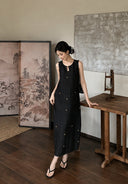 Woman wearing a traditional-inspired Xiangyunsha silk dress with star embroidery and flowing silhouette