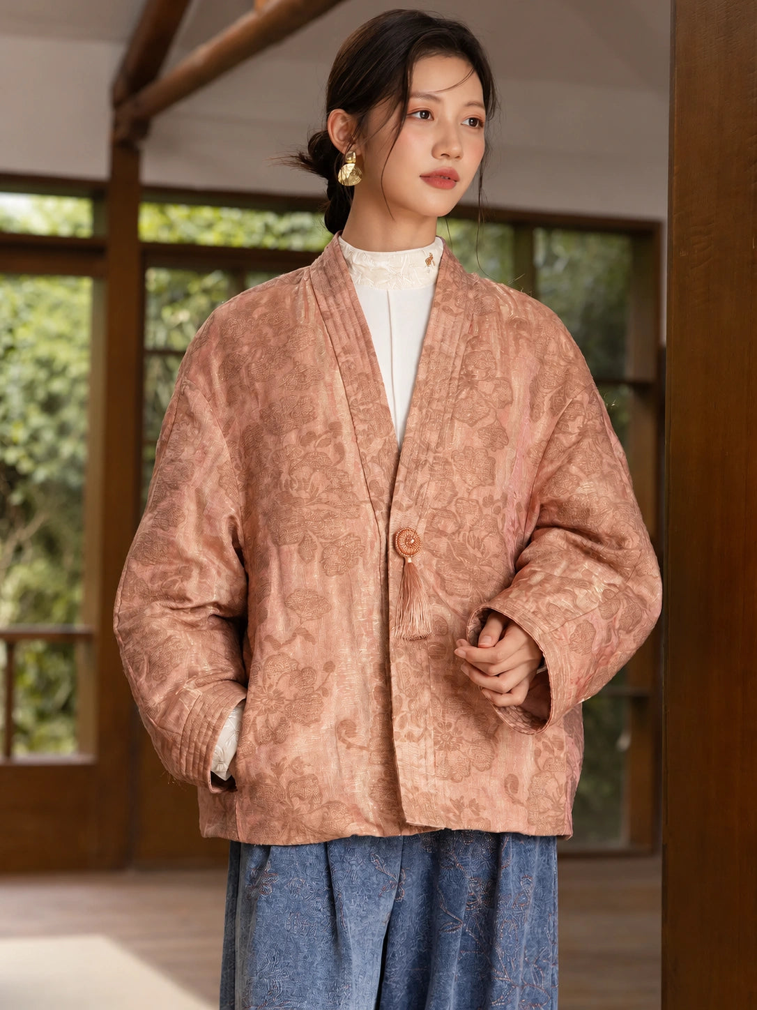 Chuhe Dusty Rose Floral Jacquard Padded Jacket