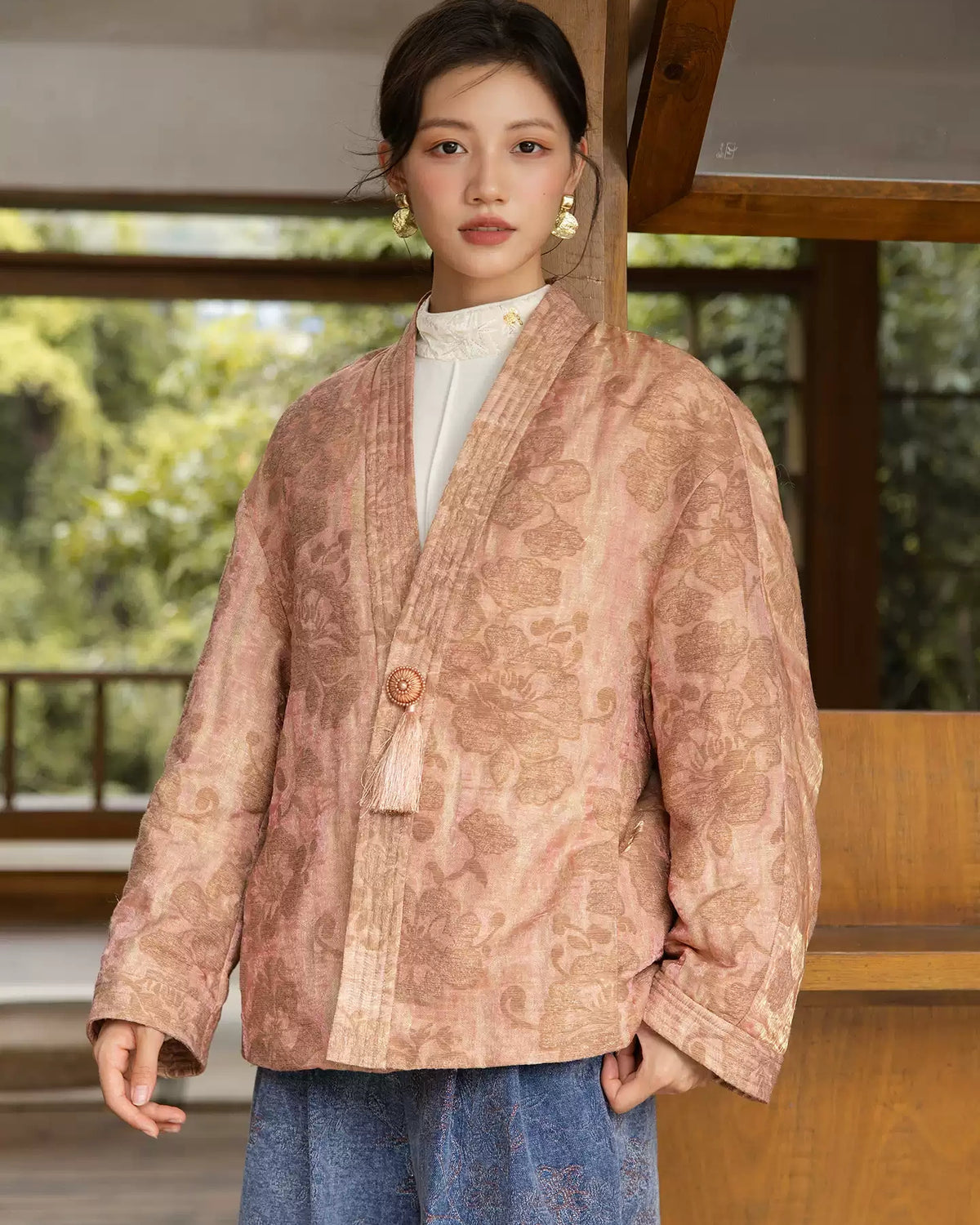 Chuhe Dusty Rose Floral Jacquard Padded Jacket