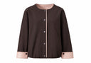 Product-only front view of the cocoa-brown jacket with round neckline and pink cuffs
