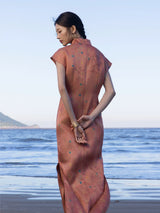 Back view of a Chinese style silk blend maxi dress in Coral Sunset.