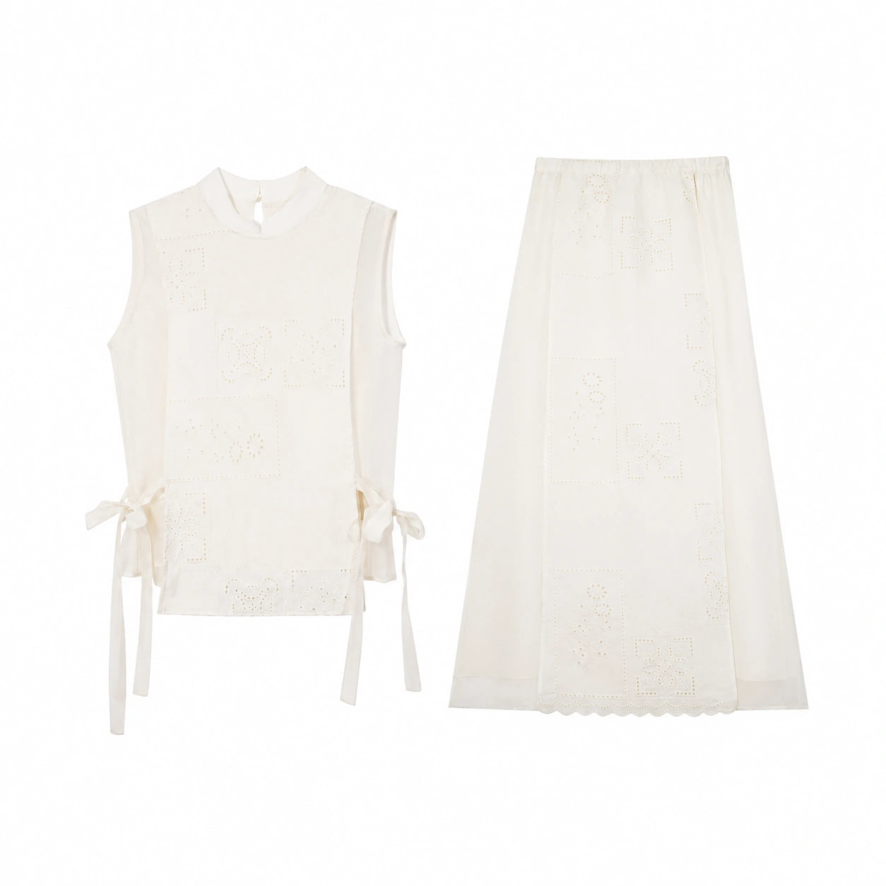 Flat lay of a cream white Cheongsam vest and matching midi skirt set, featuring geometric embroidery, side ties, and a scalloped hem.