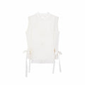 Flat lay of a cream white sleeveless Cheongsam vest with geometric embroidery, side ties, and a front button closure.