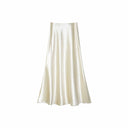 Flat lay of a cream satin A-line maxi skirt with a high waist and smooth flowing drape, crafted from 100% polyester.