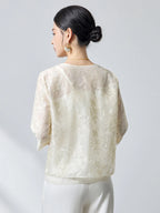 Back view of a cream white silk organza cardigan featuring intricate floral embroidery and a relaxed fit, crafted from 100% mulberry silk.