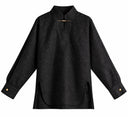 Front view of the Jinyu Black shirt showing its stand collar, long sleeves and curved hem.