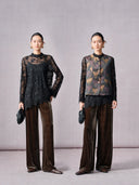 Two looks featuring dark brown silk velvet wide-leg pants styled with black lace tops
