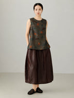 Dark grey Xiangyunsha mulberry silk sleeveless vest top with oriental elephant print design, modern Chinese style women's silk blouse
