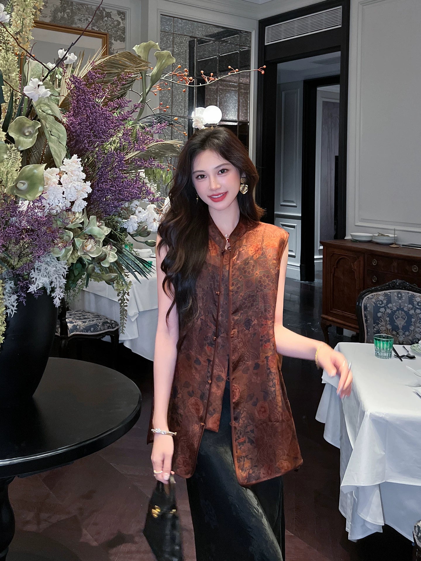 Front view of a Dark Walnut Brown Mulberry Silk sleeveless vest featuring a Mandarin collar and traditional frog-button closure.