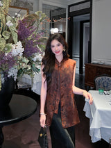 Front view of a Dark Walnut Brown Mulberry Silk sleeveless vest featuring a Mandarin collar and traditional frog-button closure.
