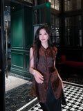 Full-length view of a Dark Walnut Brown Mulberry Silk sleeveless vest with elegant jacquard texture and relaxed silhouette.