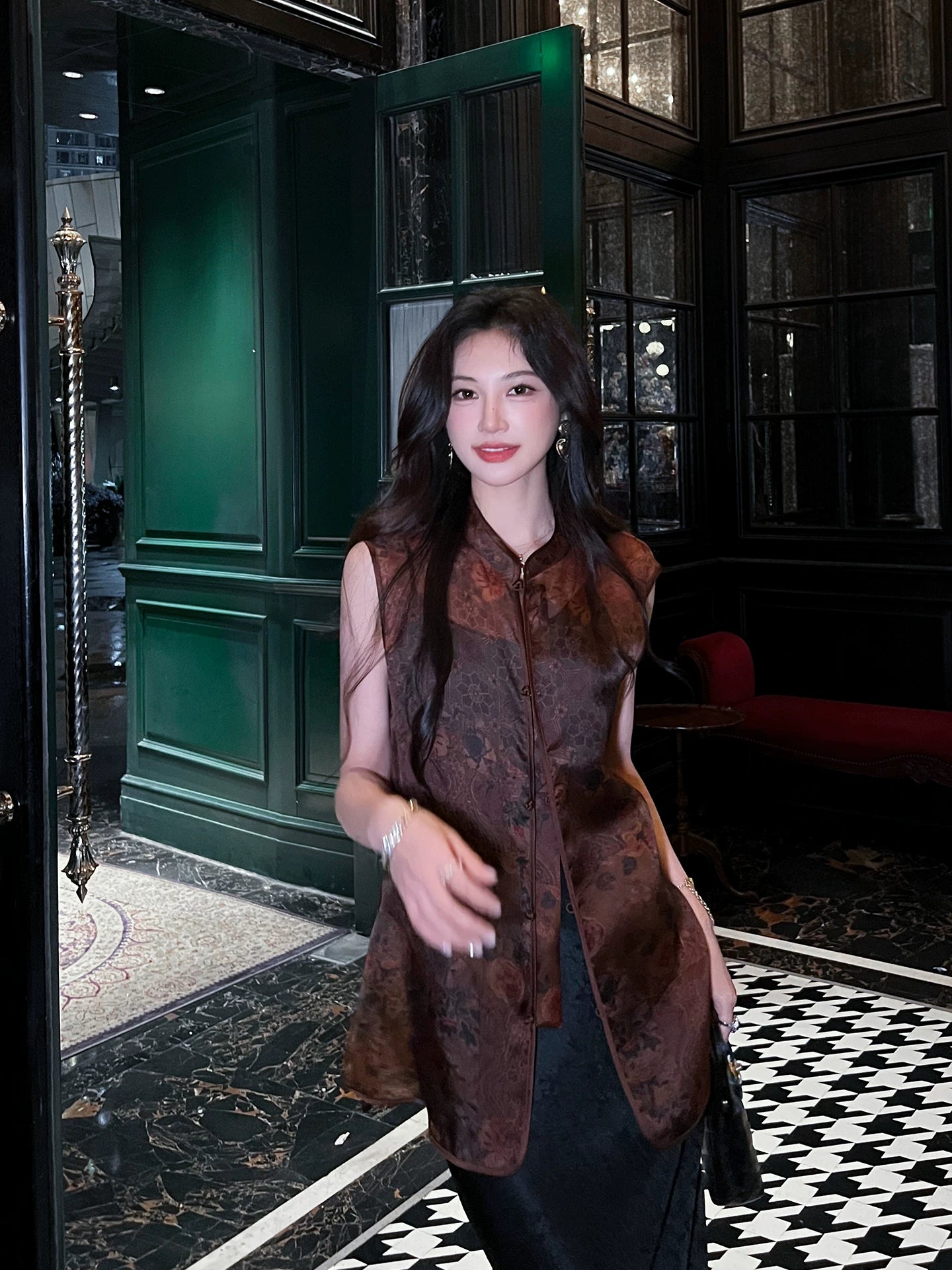 Full-length view of a Dark Walnut Brown Mulberry Silk sleeveless vest with elegant jacquard texture and relaxed silhouette.